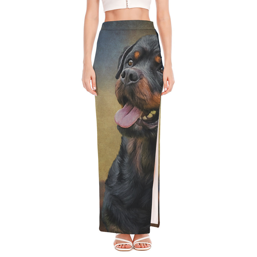 Vintage Rottweiler Portrait Print High Slit Maxi Skirt