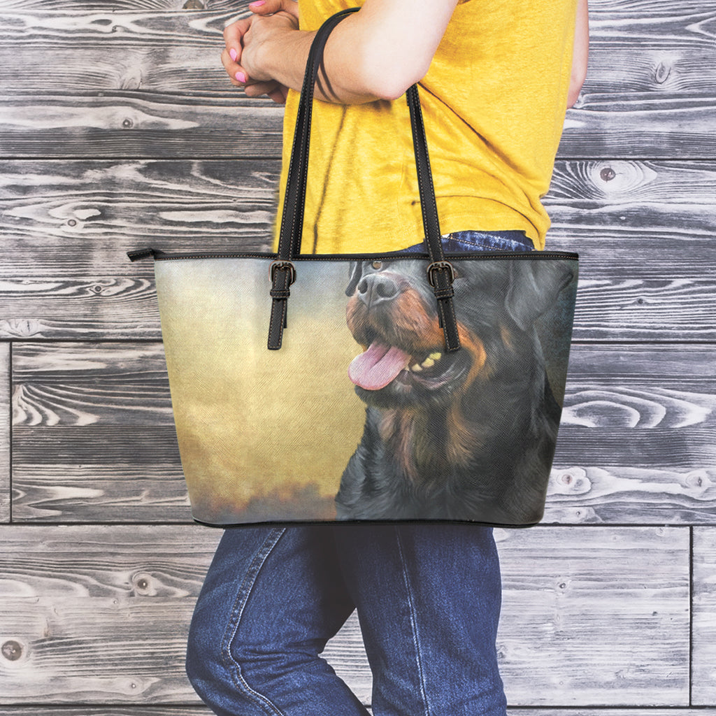 Vintage Rottweiler Portrait Print Leather Tote Bag
