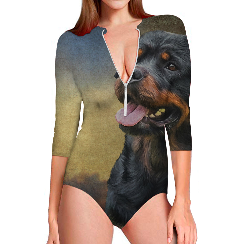 Vintage Rottweiler Portrait Print Long Sleeve Swimsuit