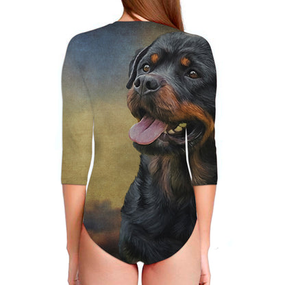 Vintage Rottweiler Portrait Print Long Sleeve Swimsuit