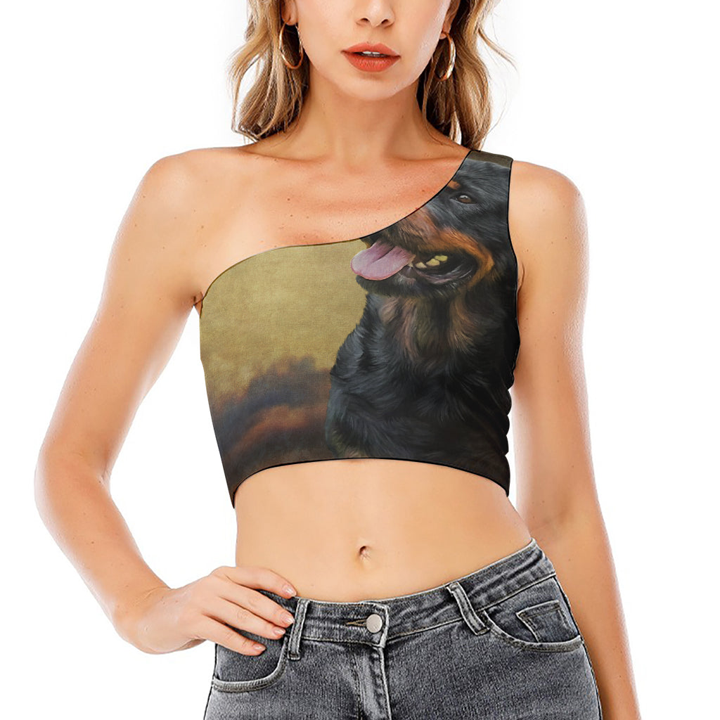Vintage Rottweiler Portrait Print One Shoulder Crop Top