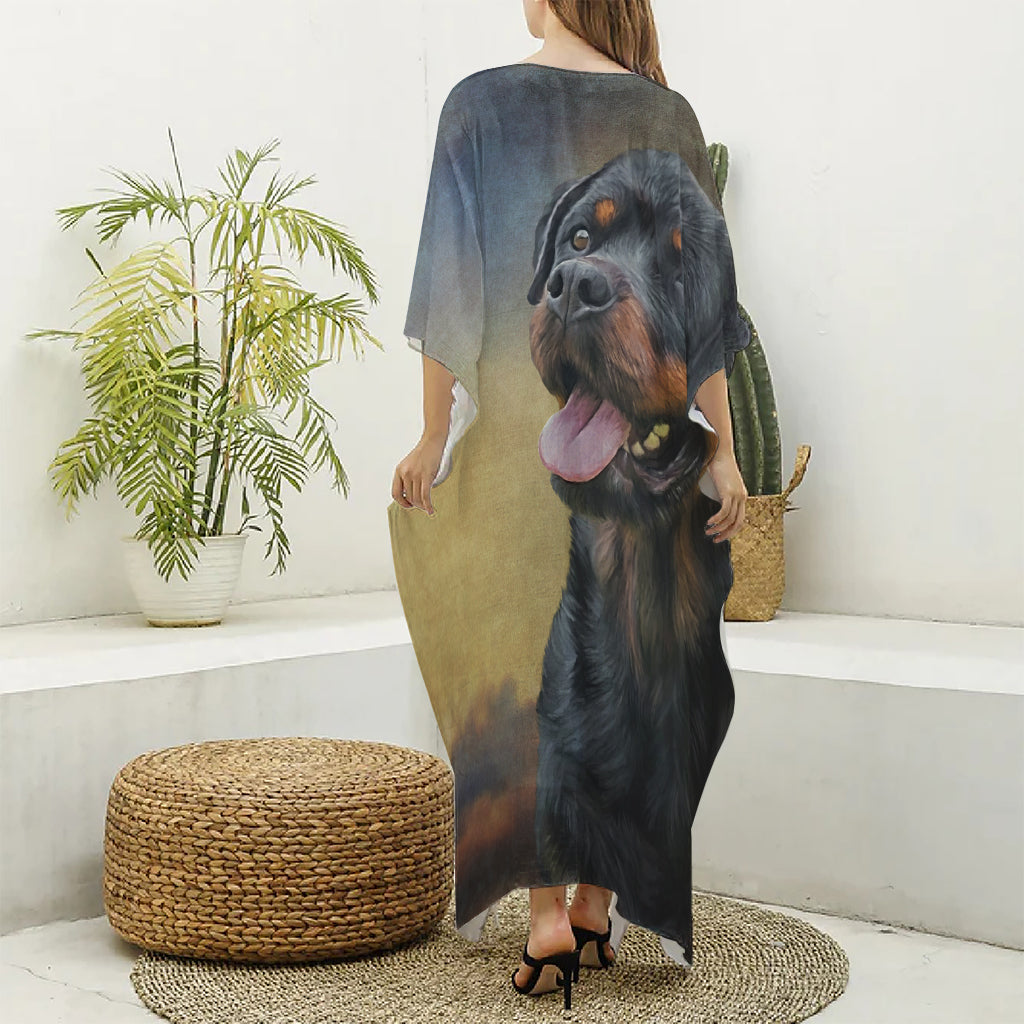 Vintage Rottweiler Portrait Print Silk V-Neck Kaftan Dress