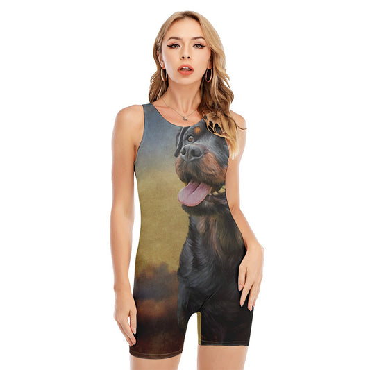 Vintage Rottweiler Portrait Print Sleeveless One Piece Swimsuit