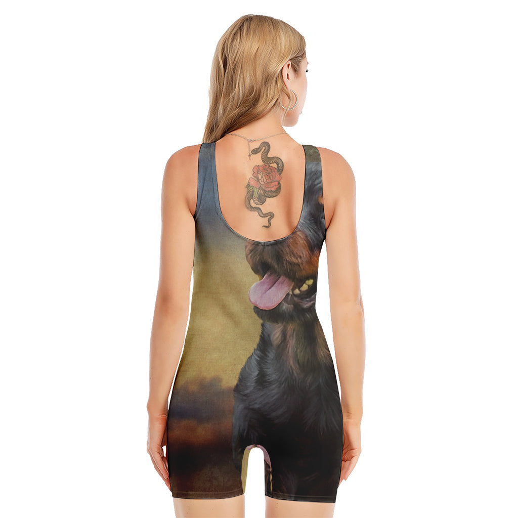 Vintage Rottweiler Portrait Print Sleeveless One Piece Swimsuit