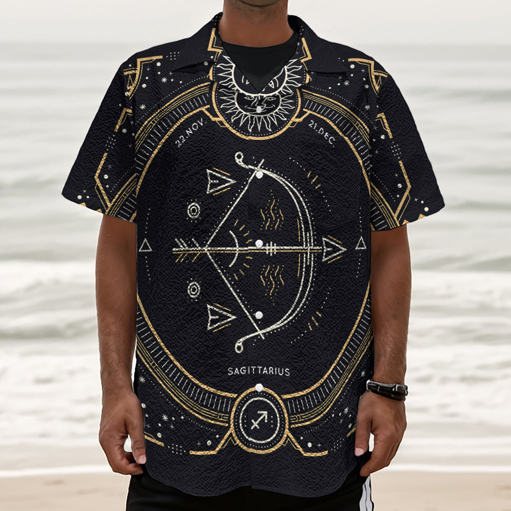 Vintage Sagittarius Zodiac Sign Print Textured Short Sleeve Shirt