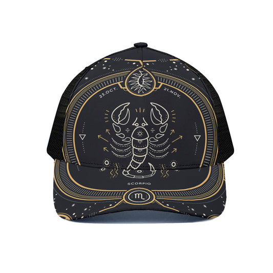 Vintage Scorpio Zodiac Sign Print Black Mesh Trucker Cap