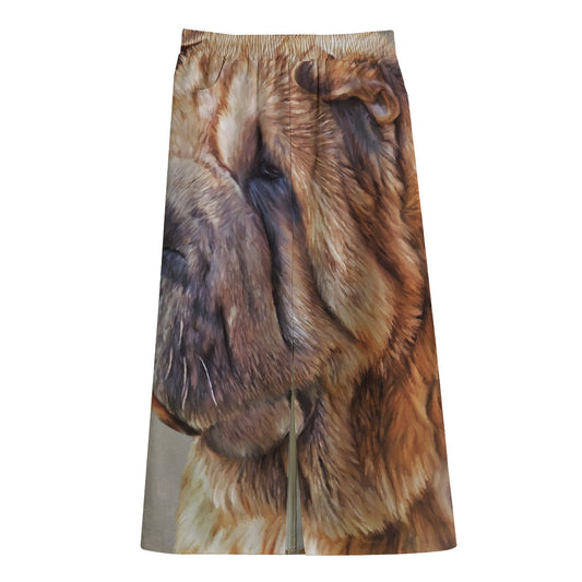 Vintage Shar Pei Print Cotton Front Slit Maxi Skirt