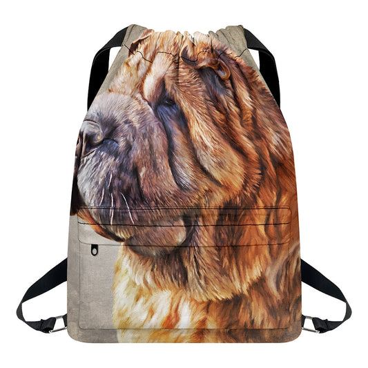 Vintage Shar Pei Print Drawstring Backpack
