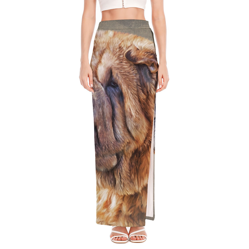 Vintage Shar Pei Print High Slit Maxi Skirt