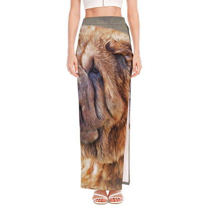 Vintage Shar Pei Print High Slit Maxi Skirt