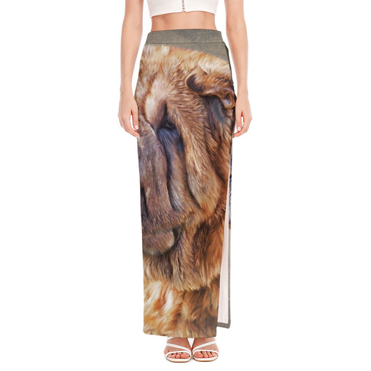 Vintage Shar Pei Print High Slit Maxi Skirt