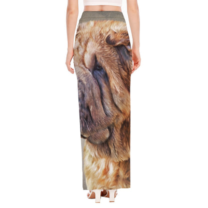 Vintage Shar Pei Print High Slit Maxi Skirt