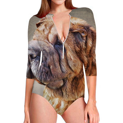 Vintage Shar Pei Print Long Sleeve Swimsuit