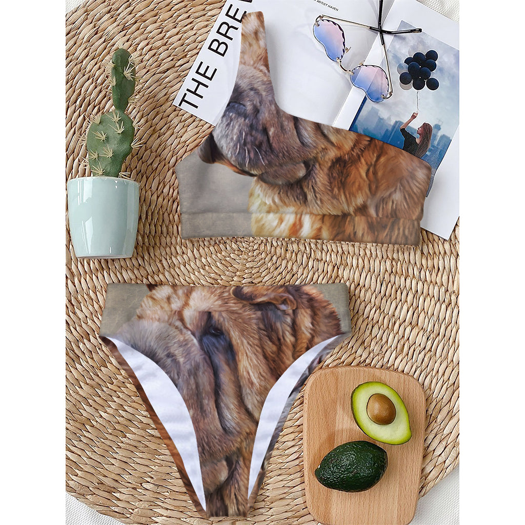 Vintage Shar Pei Print One Shoulder Bikini Top