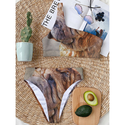 Vintage Shar Pei Print One Shoulder Bikini Top