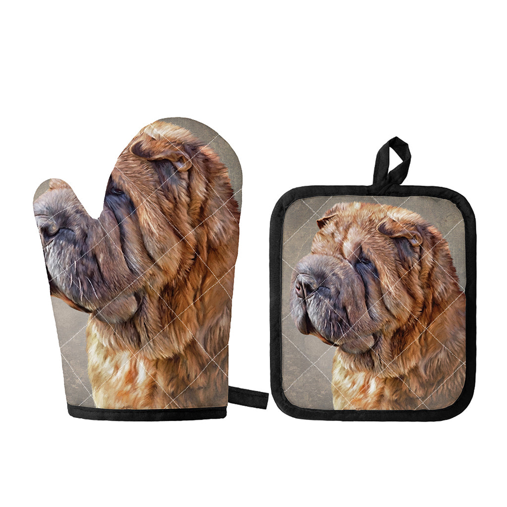 Vintage Shar Pei Print Oven Mitt And Pot Holder Set