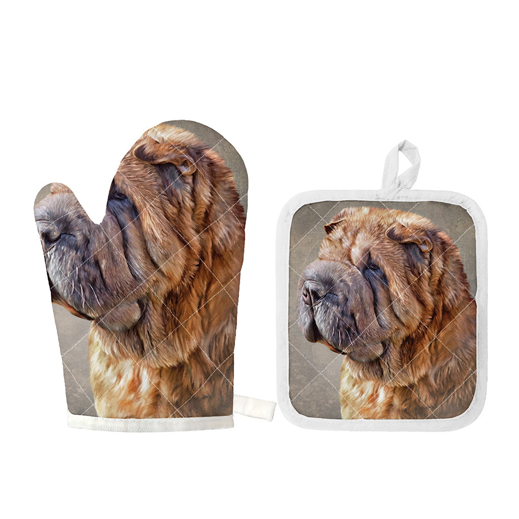 Vintage Shar Pei Print Oven Mitt And Pot Holder Set