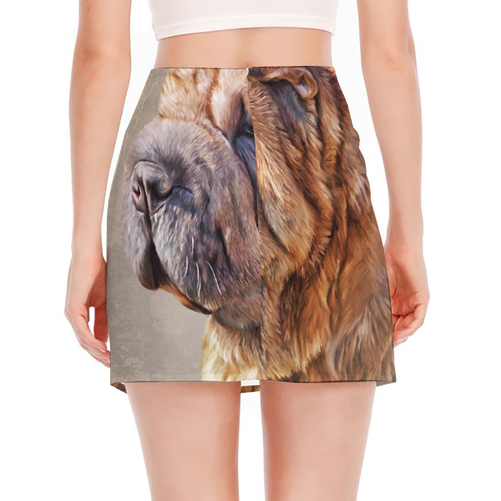 Vintage Shar Pei Print Side Slit Mini Skirt