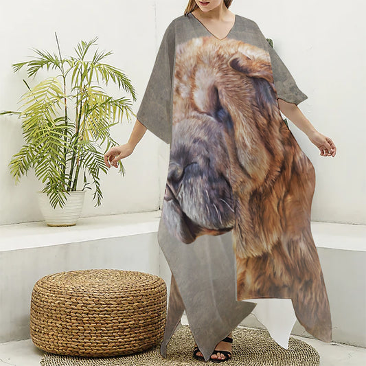 Vintage Shar Pei Print Silk V-Neck Kaftan Dress