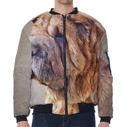 Vintage Shar Pei Print Zip Sleeve Bomber Jacket