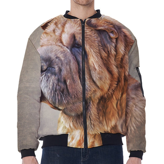 Vintage Shar Pei Print Zip Sleeve Bomber Jacket