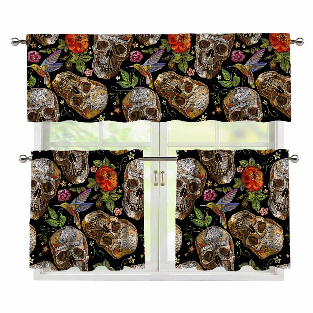 Vintage Skull Pattern Print 3 Piece Kitchen Curtains