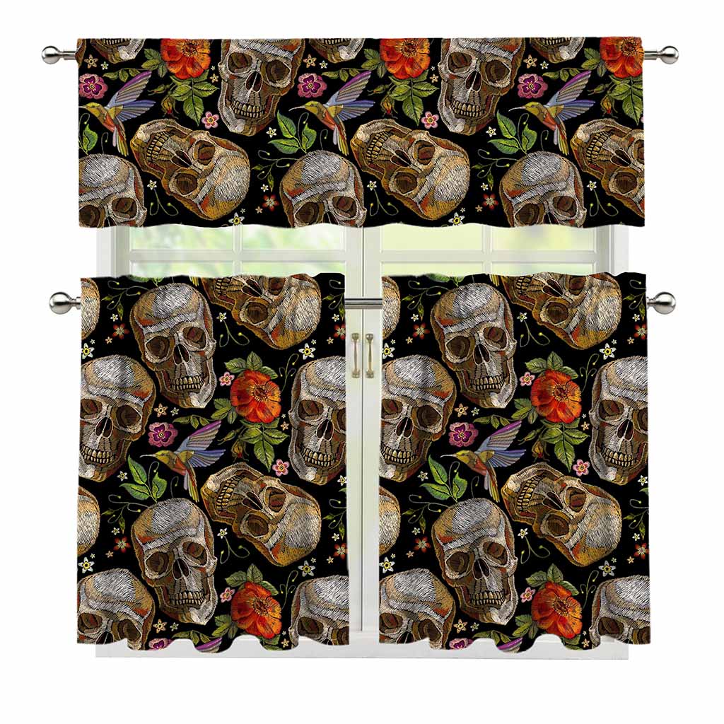 Vintage Skull Pattern Print 3 Piece Kitchen Curtains