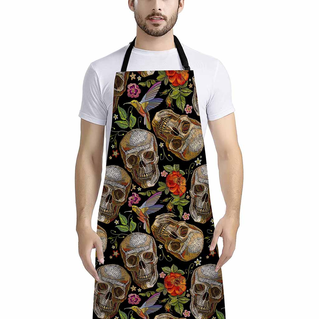 Vintage Skull Pattern Print Bib Apron With Pocket