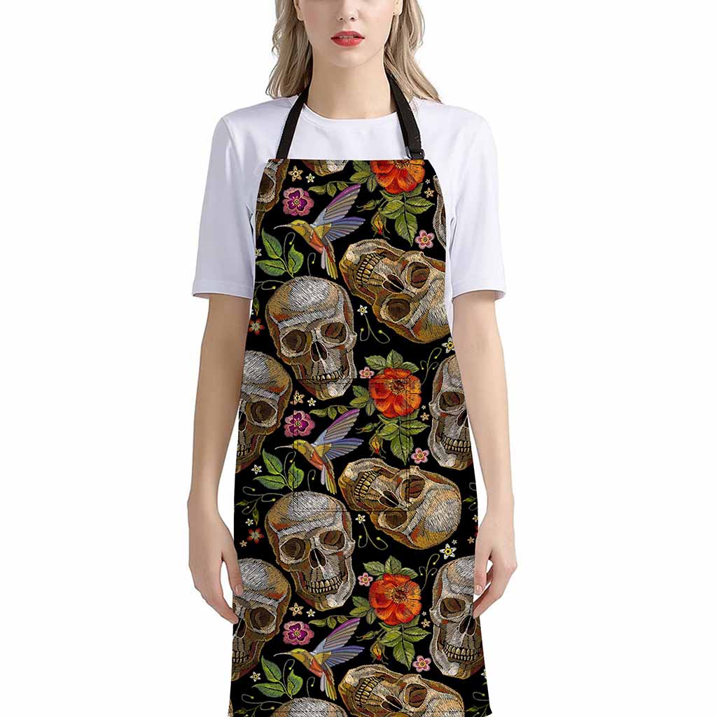 Vintage Skull Pattern Print Bib Apron With Pocket