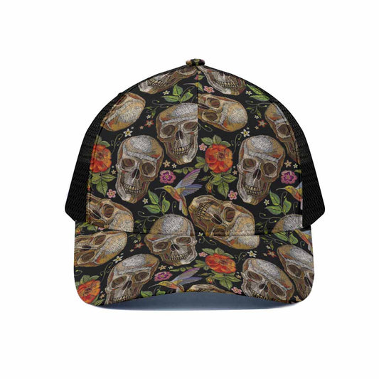 Vintage Skull Pattern Print Black Mesh Trucker Cap
