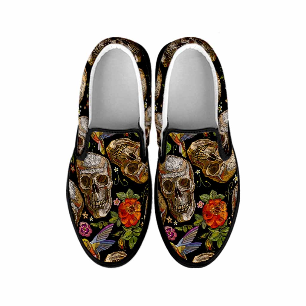 Vintage Skull Pattern Print Black Slip On Sneakers