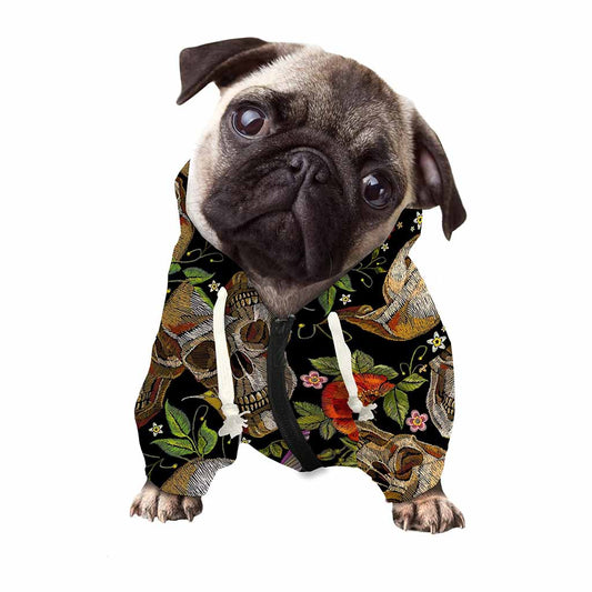 Vintage Skull Pattern Print Dog Zip Up Hoodie