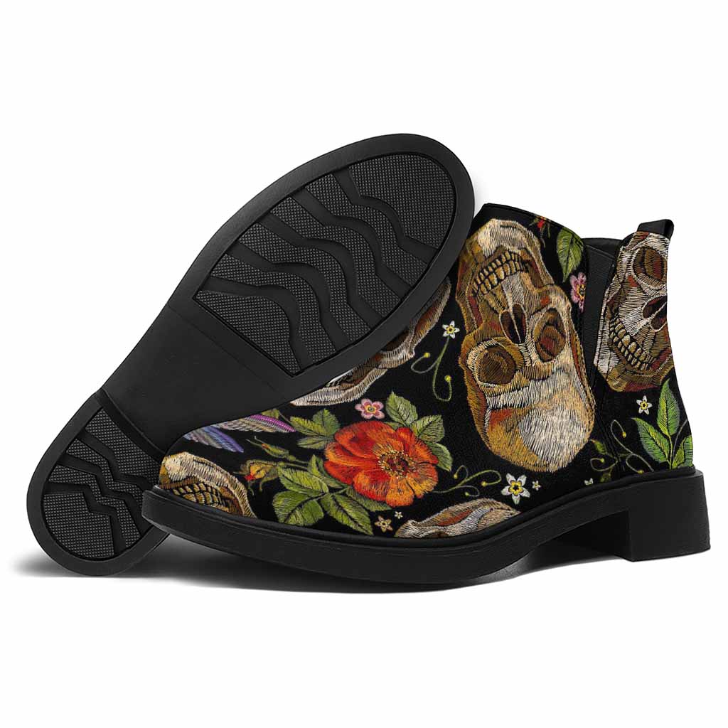 Vintage Skull Pattern Print Flat Ankle Boots