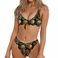 Vintage Skull Pattern Print Front Bow Tie Bikini