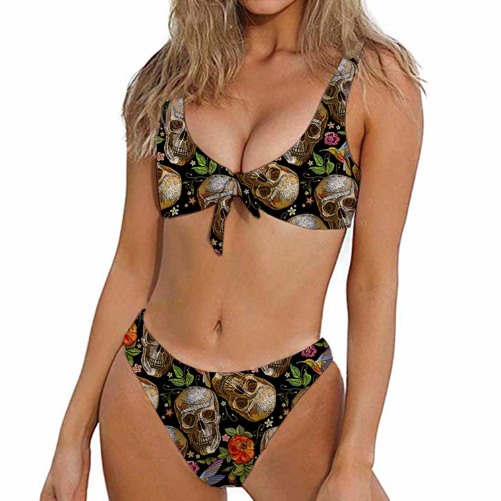 Vintage Skull Pattern Print Front Bow Tie Bikini