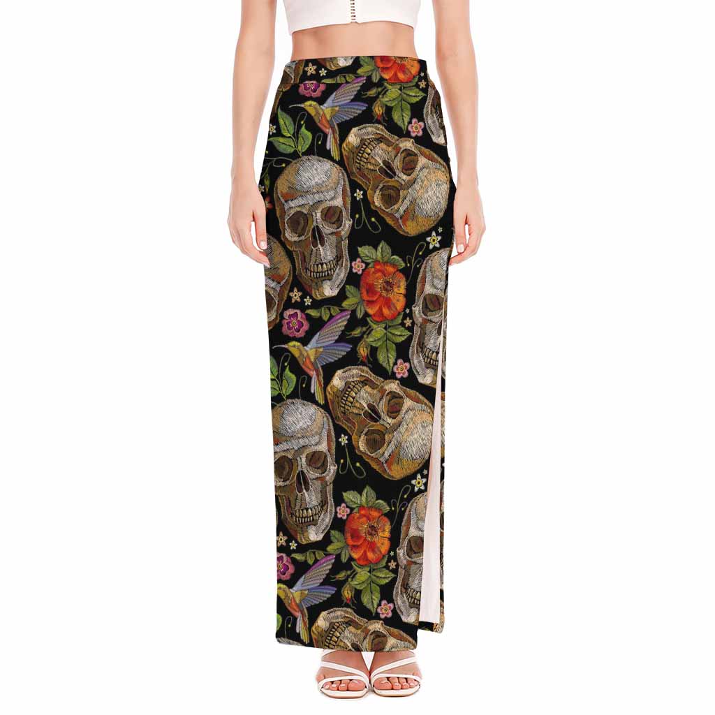 Vintage Skull Pattern Print High Slit Maxi Skirt