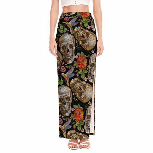 Vintage Skull Pattern Print High Slit Maxi Skirt