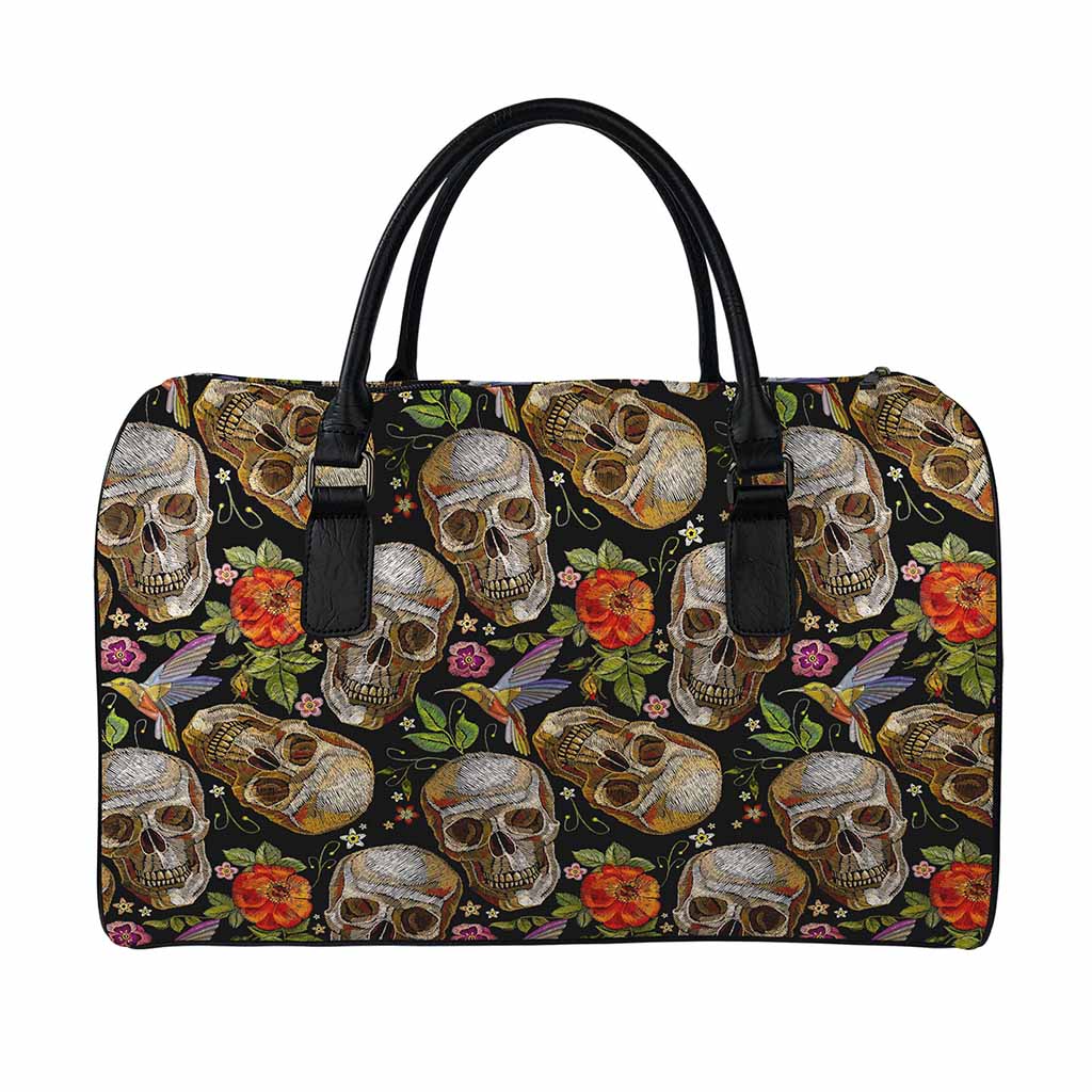 Vintage Skull Pattern Print Leather Duffle Bag