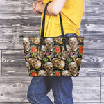 Vintage Skull Pattern Print Leather Tote Bag