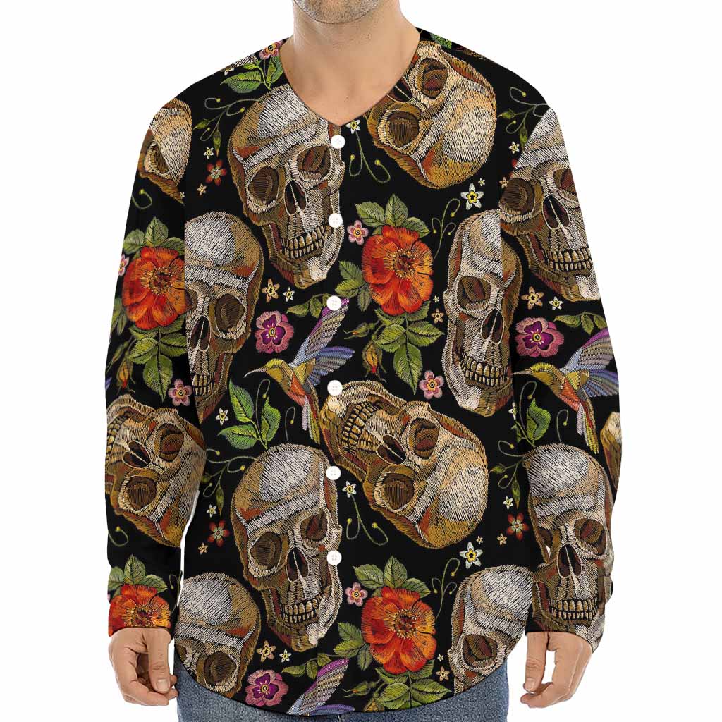 Vintage Skull Pattern Print Long Sleeve Baseball Jersey