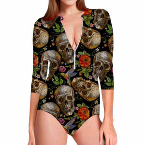 Vintage Skull Pattern Print Long Sleeve Swimsuit