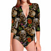 Vintage Skull Pattern Print Long Sleeve Swimsuit