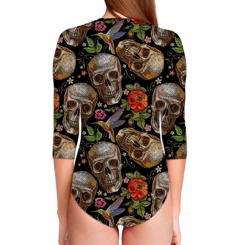 Vintage Skull Pattern Print Long Sleeve Swimsuit