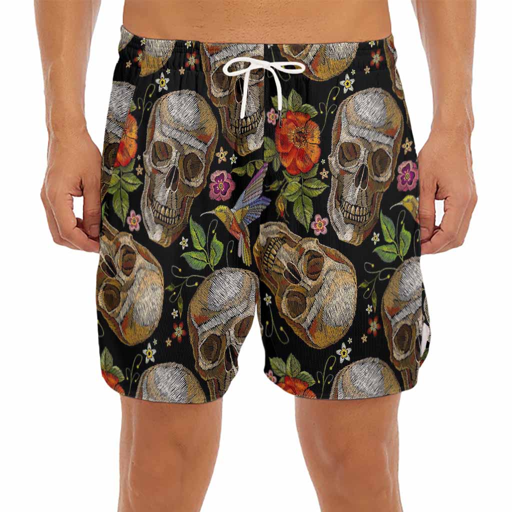 Vintage Skull Pattern Print Men's Split Running Shorts