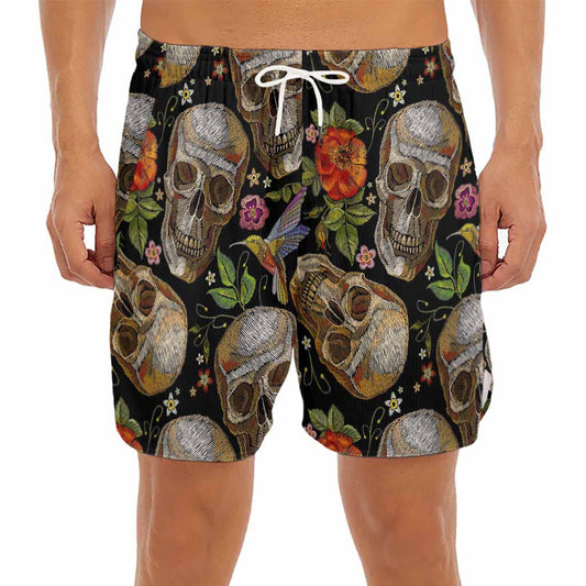 Vintage Skull Pattern Print Men's Split Running Shorts