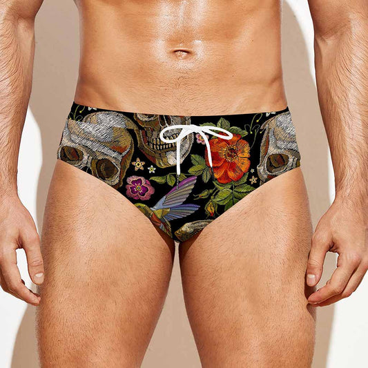 Vintage Skull Pattern Print Men's Swim Briefs