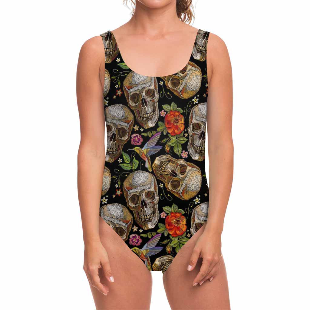 Vintage Skull Pattern Print One Piece Swimsuit