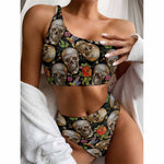 Vintage Skull Pattern Print One Shoulder Bikini Top