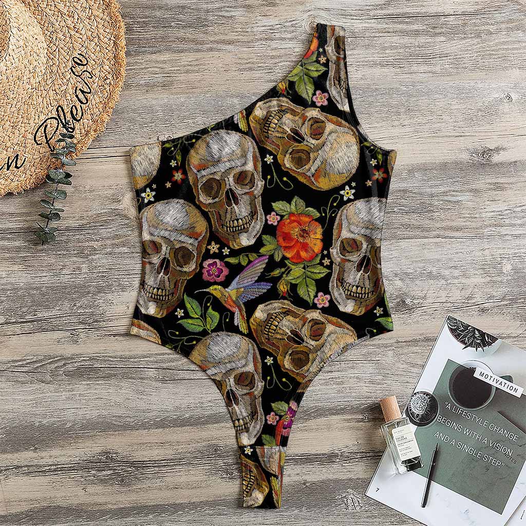 Vintage Skull Pattern Print One Shoulder Bodysuit