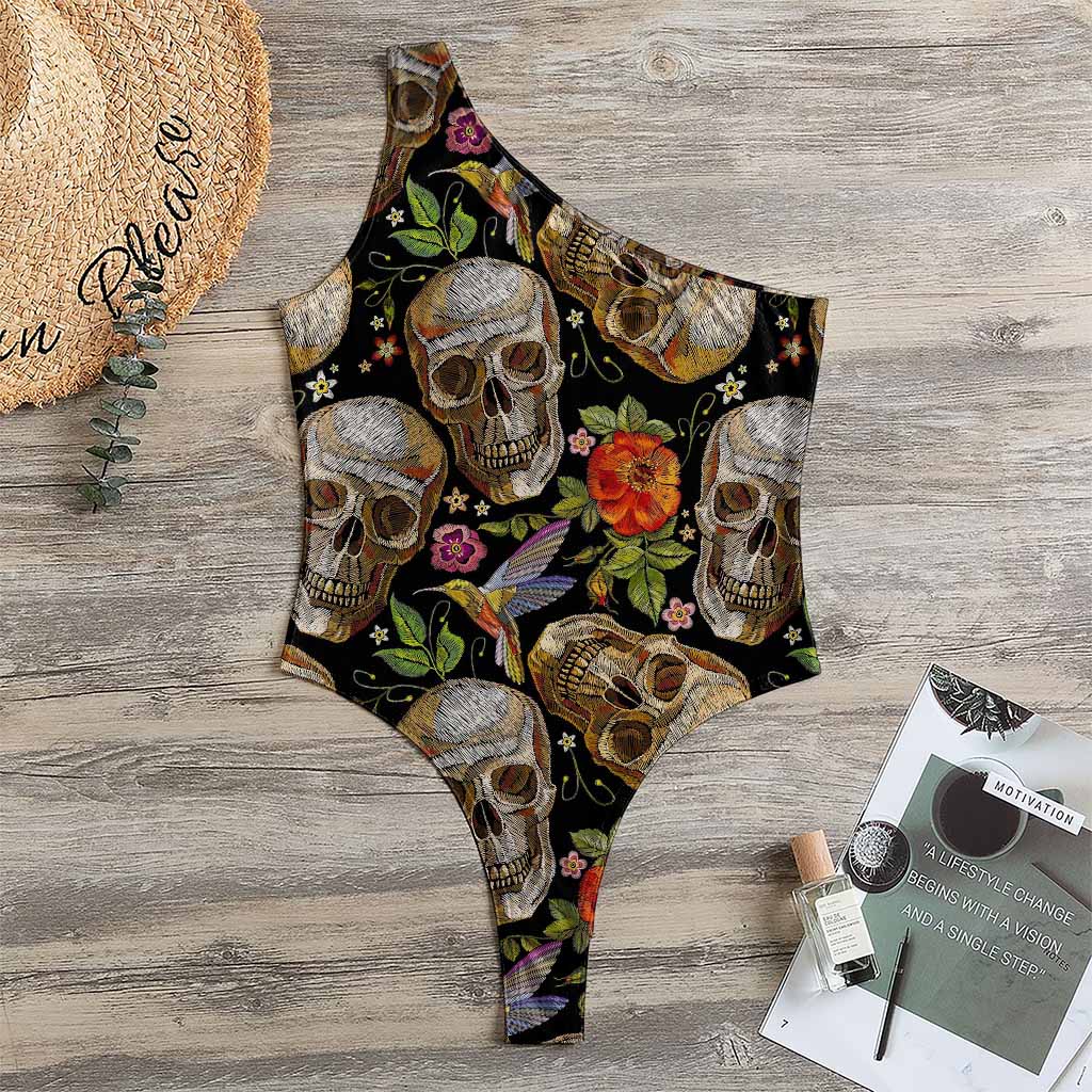 Vintage Skull Pattern Print One Shoulder Bodysuit